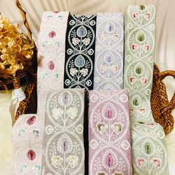 インド刺繍生地 【89cm×45cm】 刺繍部分 チュール ピンク 花柄