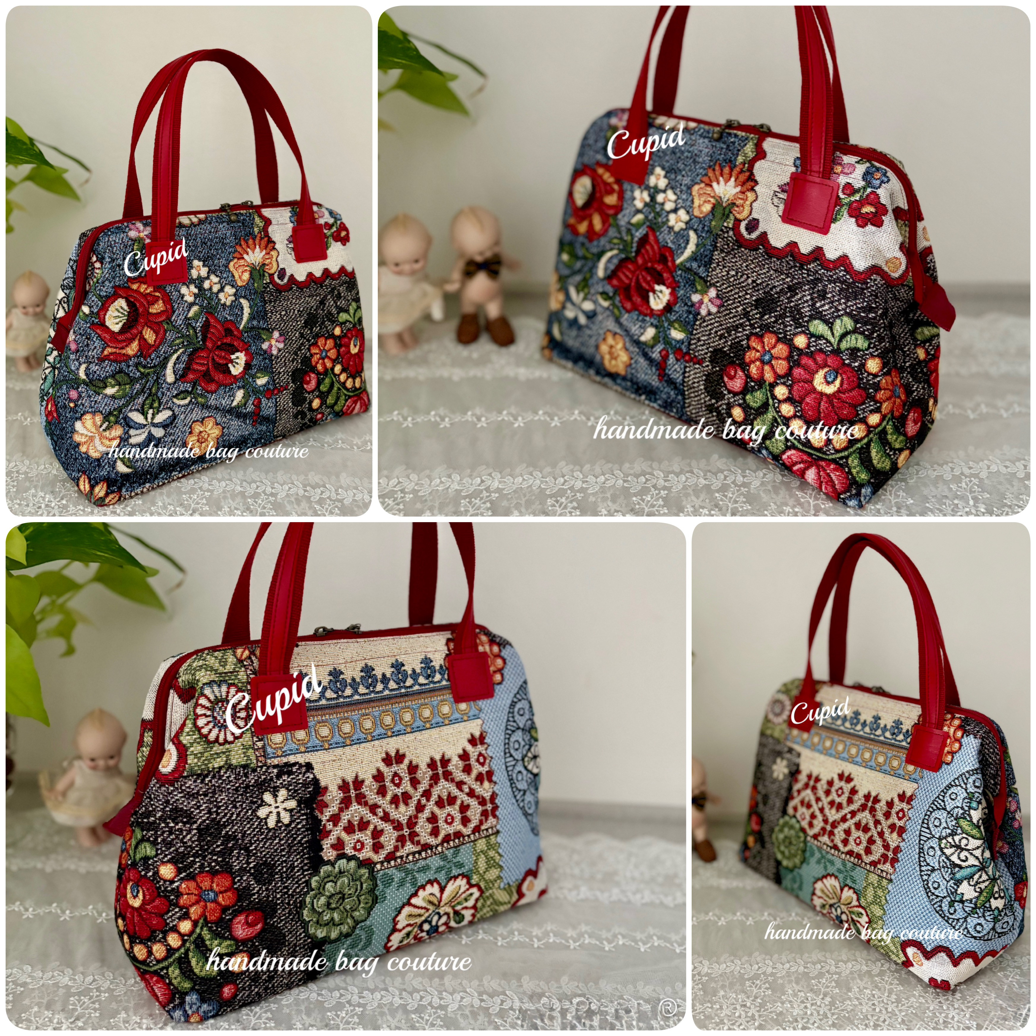 オランダ輸入ゴブラン織 カラフルなデニム風パッチワーク柄を使ったカパッと開閉軽量2Wayボストンバッグ