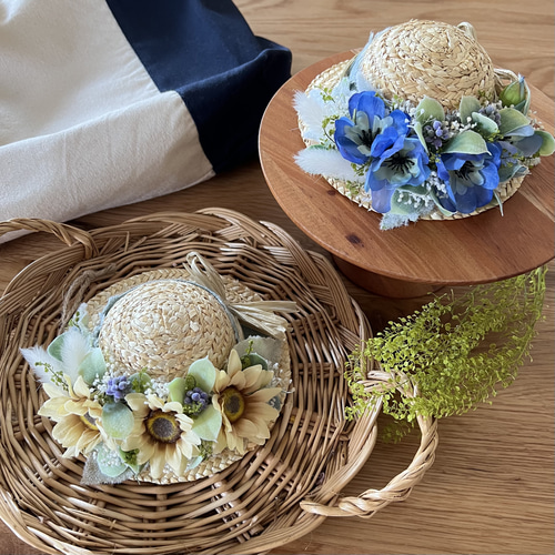 麦わら帽子の夏飾り ひまわり/ネモフィラ アートフラワー 花と生活