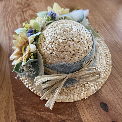 麦わら帽子の夏飾り ひまわり/ネモフィラ アートフラワー 花と生活