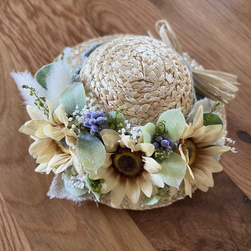 麦わら帽子の夏飾り ひまわり/ネモフィラ アートフラワー 花と生活