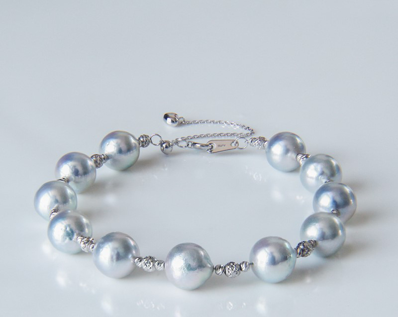 【La Corser】日本製 6-9mm アコヤ海水真珠ブレスレット シルバーグレーブルー 強光デザイン バロック風 ブロークン
