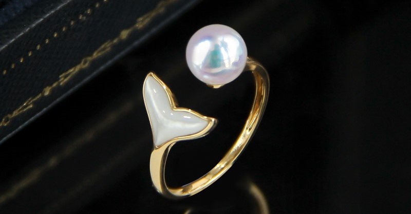 [La Corser] フィッシュテール マザーオブパール セット 6.5-9mm アコヤ真珠リング 18K ゴールド 天然 マ