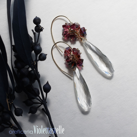 14kgf クォーツとガーネットのピアス 14kgf クォーツのピアスwithガーネット ピアス（フック・チェーン