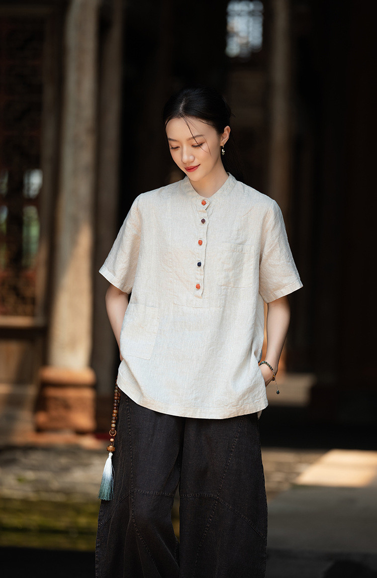 100%亜麻Tシャツ ハイエンドリネンカットソー 襟を立てるブラウス #亜麻色