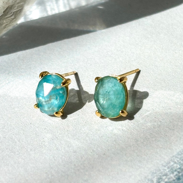 澄んだ海の一粒ピアス AAA 天然石　アパタイト silver925 18KGP　Gem stone 1枚目の画像