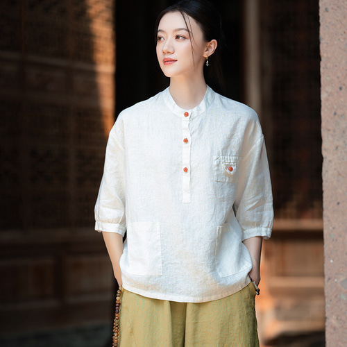 天然亜麻Tシャツ 盤扣リネンカットソー 襟を立てるブラウス #白色 T