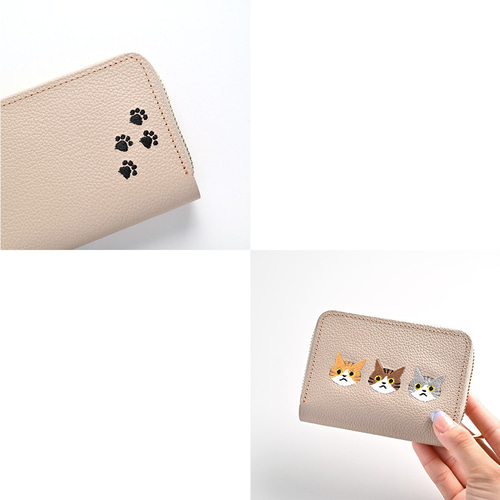 お札が折れない コンパクトウォレット 【3匹の猫】 刺繍 猫 本革