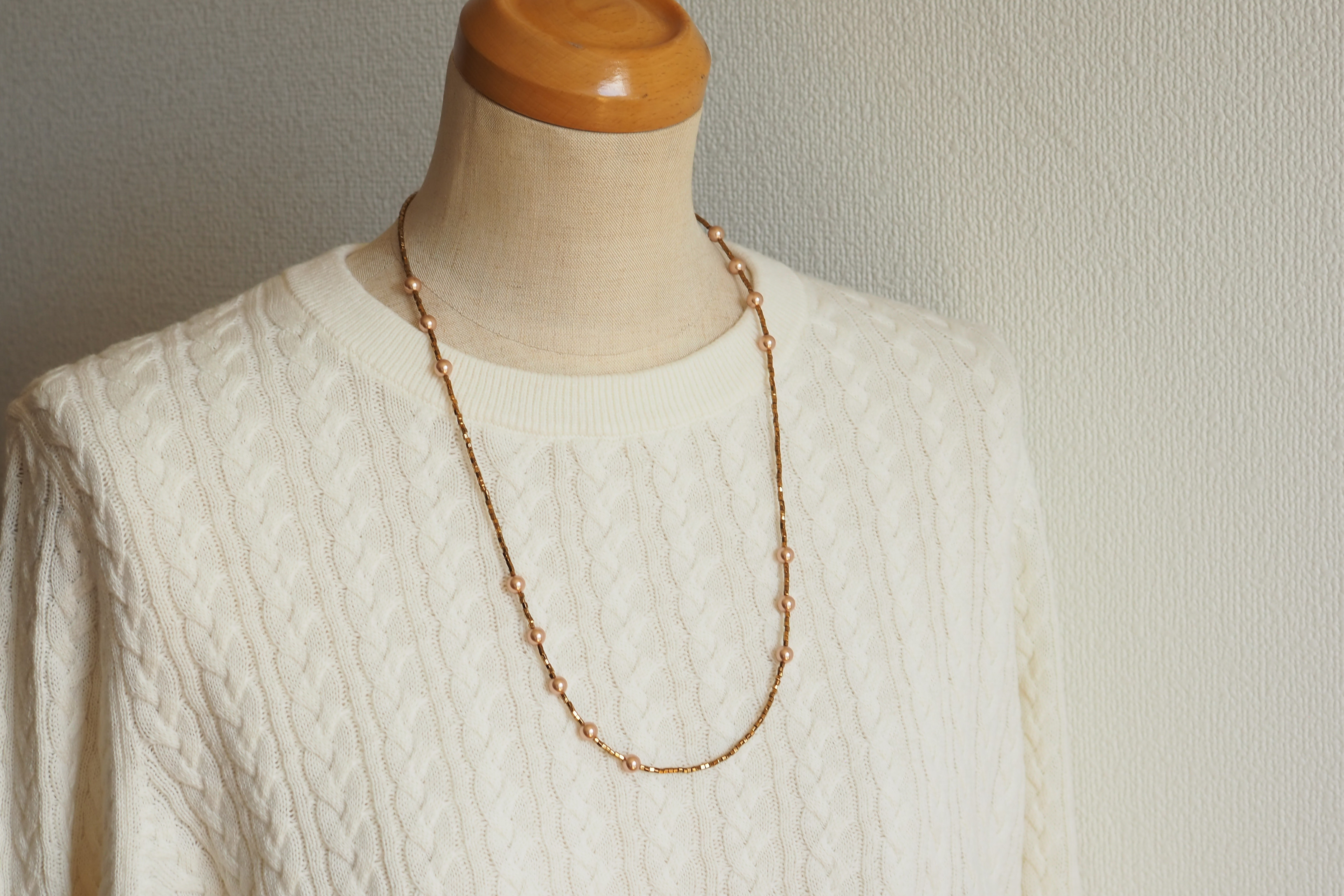 【60cm】ローズゴールドパールネックレス　キラキラブロンズ六角ビーズ＋しっとり秋色ブラウンパール　茶色　ピンクゴールド