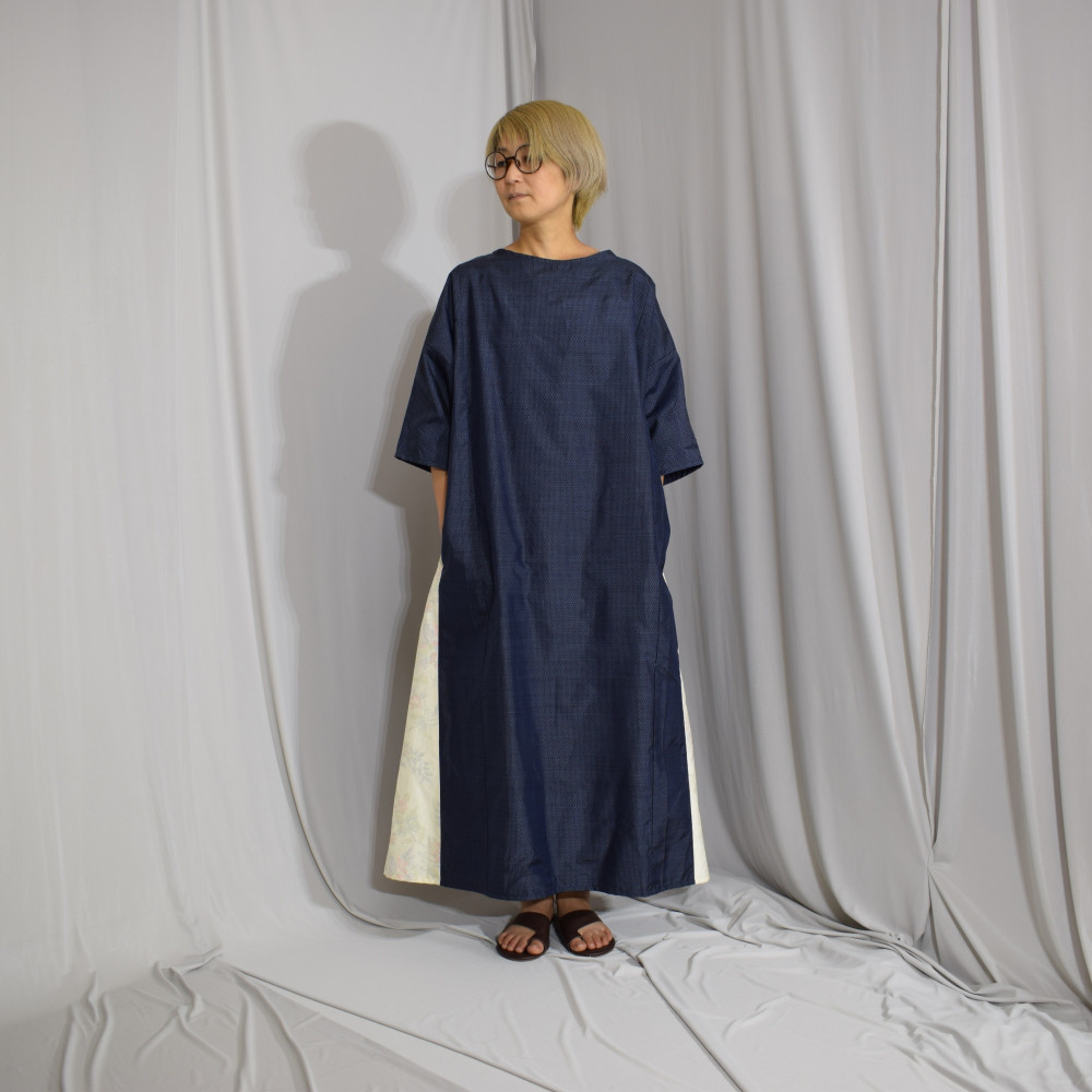 ワンピース,紬×異素材切替,ボートネック×Aライン,和,【着物リメイク】