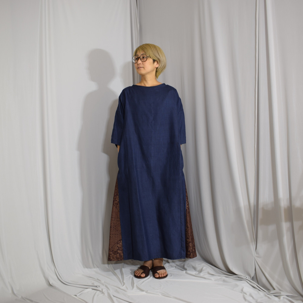 ワンピース,紬×異素材切替,ボートネック×Aライン,和,【着物リメイク】