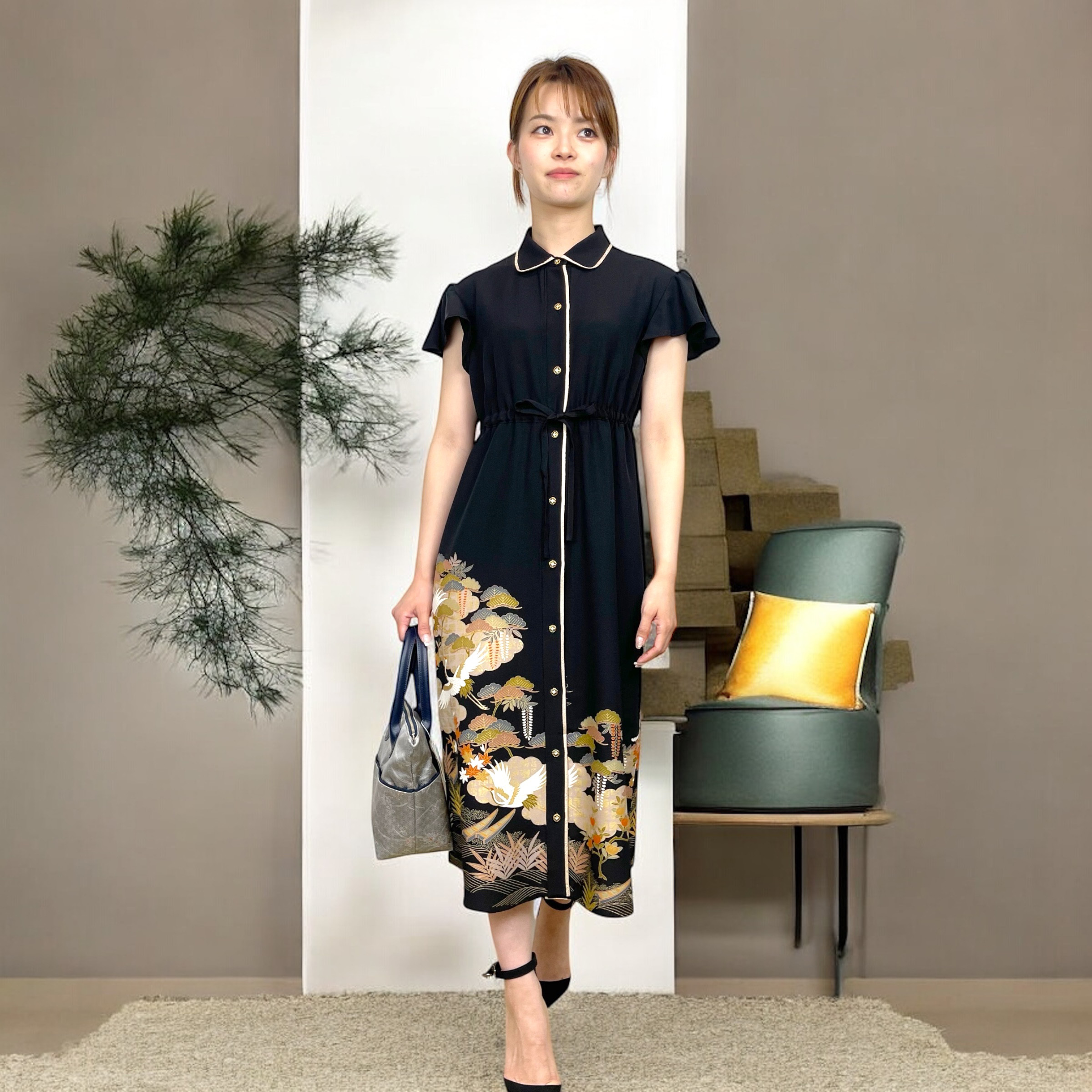 【Beshowオリジナルデザイン】フレア袖ワンピース Lサイズ  ゆったりロング丈♪  マタニティにも安心デザイン