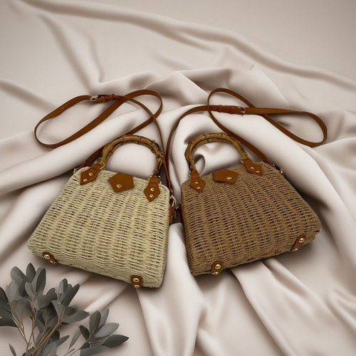 高級感漂う手編みかごバッグ｜竹製ハンドル付きスクエアバッグ｜斜