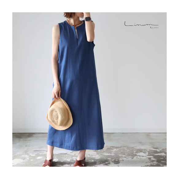 岡山児島デニムジャンパースカート／8オンスソフトデニムワンピース／スラッシュネック／ブルー／linum jean 3枚目の画像