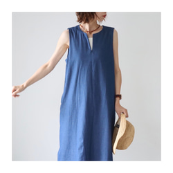岡山児島デニムジャンパースカート／8オンスソフトデニムワンピース／スラッシュネック／ブルー／linum jean 5枚目の画像