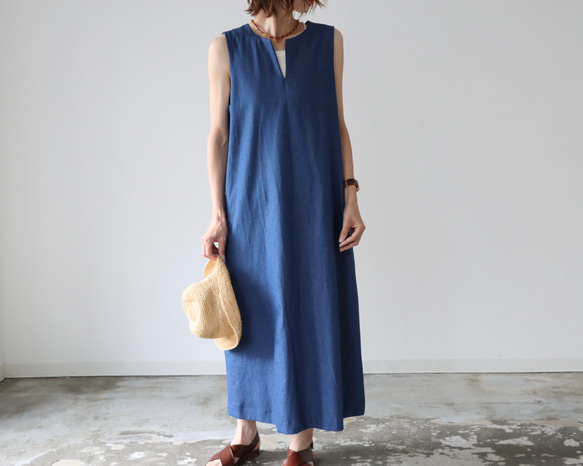 岡山児島デニムジャンパースカート／8オンスソフトデニムワンピース／スラッシュネック／ブルー／linum jean 11枚目の画像