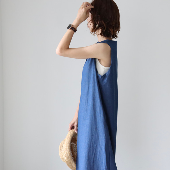 岡山児島デニムジャンパースカート／8オンスソフトデニムワンピース／スラッシュネック／ブルー／linum jean 7枚目の画像