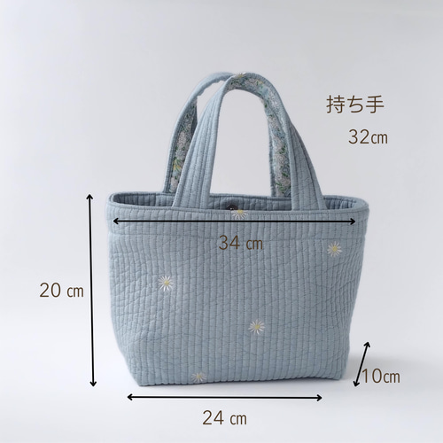 夏色さわやかライトブループチトートバッグ マーガレットの刺繍