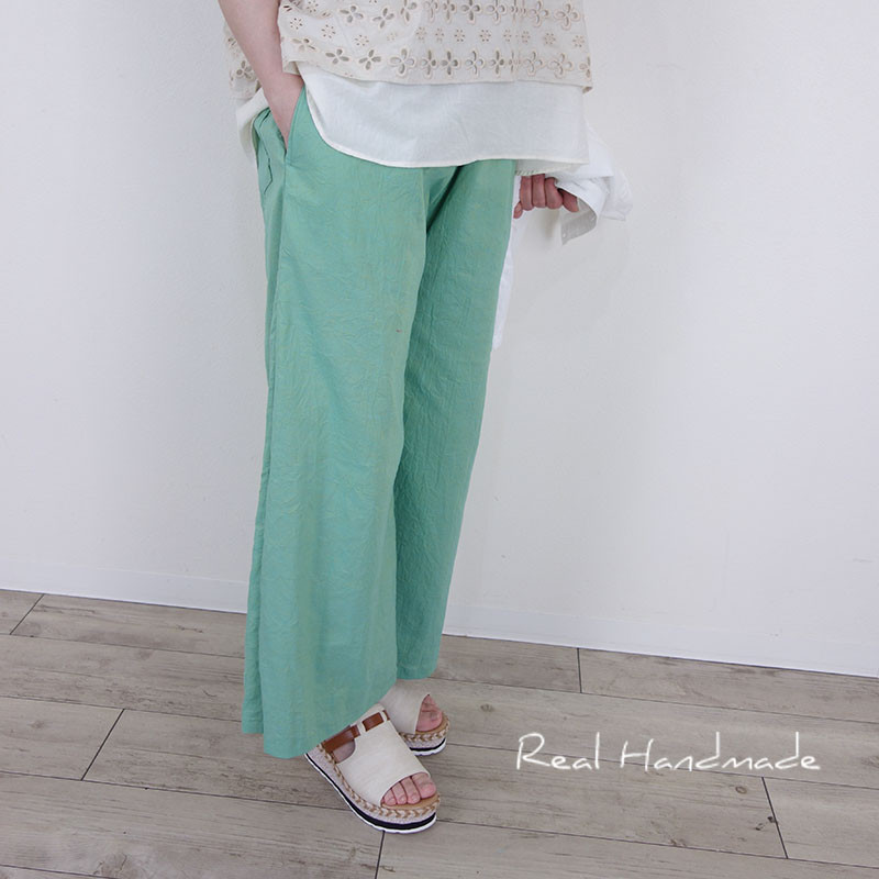 水色をひそませて・レースポケットのワッシャーコットンワイドパンツ(セットアップ可）