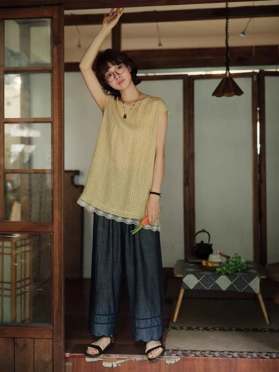 チェック柄ブラウス　半袖　リネン100％