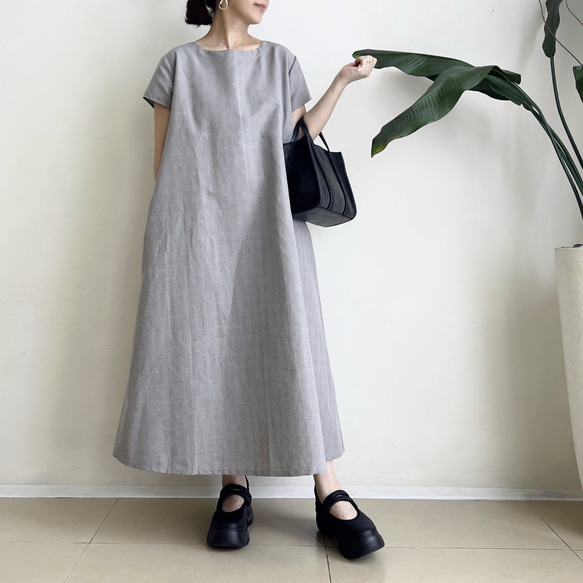 半袖シンプルAラインワンピース　* Cotton Linen グレンチェック柄 *　 2枚目の画像