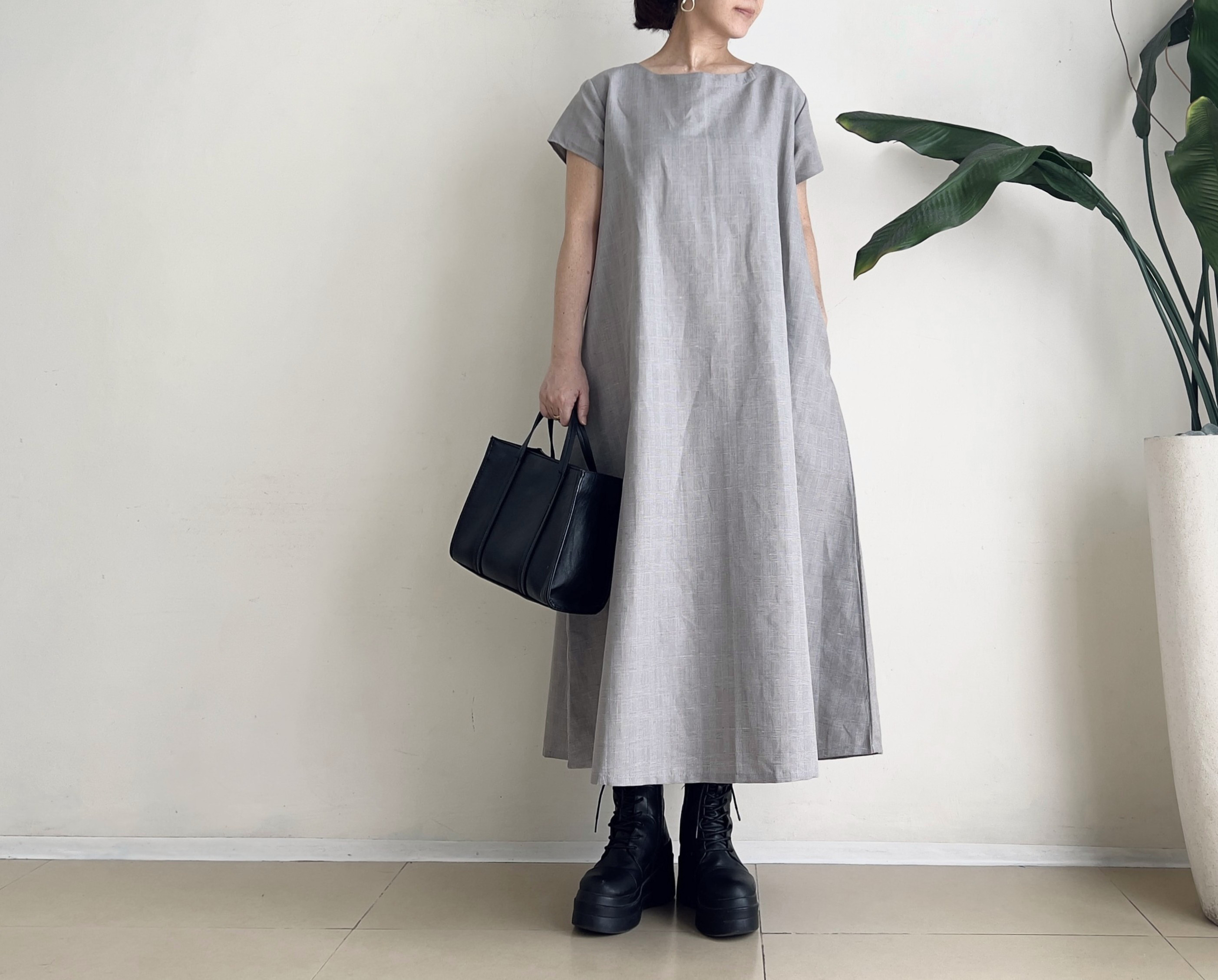【１着でも送料無料】 半袖シンプルAラインワンピース グレンチェック Linen Cotton * ワンピース