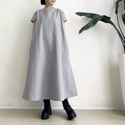 半袖シンプルAラインワンピース　* Cotton Linen グレンチェック柄 *　 4枚目の画像