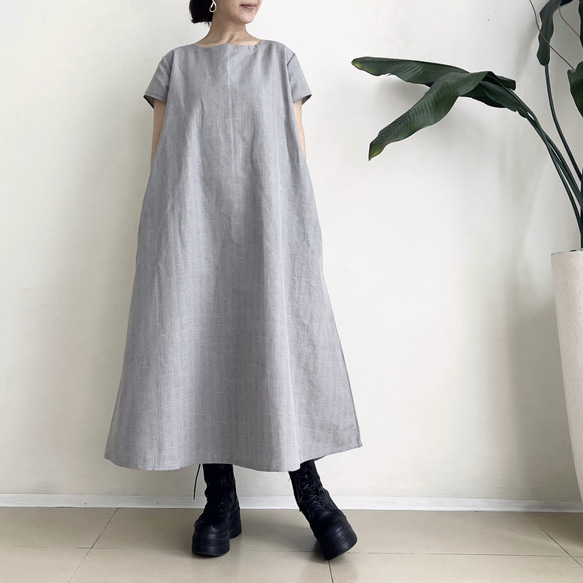 半袖シンプルAラインワンピース　* Cotton Linen グレンチェック柄 *　 4枚目の画像