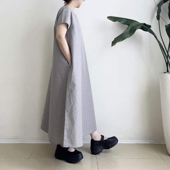 半袖シンプルAラインワンピース　* Cotton Linen グレンチェック柄 *　 7枚目の画像