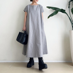 半袖シンプルAラインワンピース　* Cotton Linen グレンチェック柄 *　 3枚目の画像