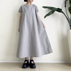 半袖シンプルAラインワンピース　* Cotton Linen グレンチェック柄 *　 6枚目の画像