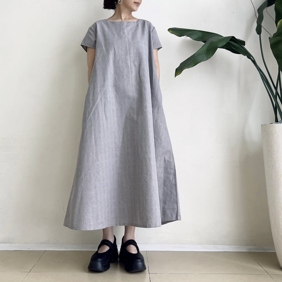 半袖シンプルAラインワンピース　* Cotton Linen グレンチェック柄 *　 5枚目の画像