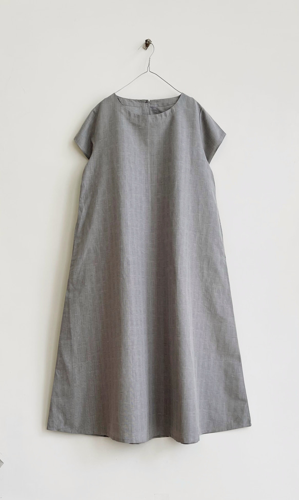半袖シンプルAラインワンピース　* Cotton Linen グレンチェック柄 *　 8枚目の画像