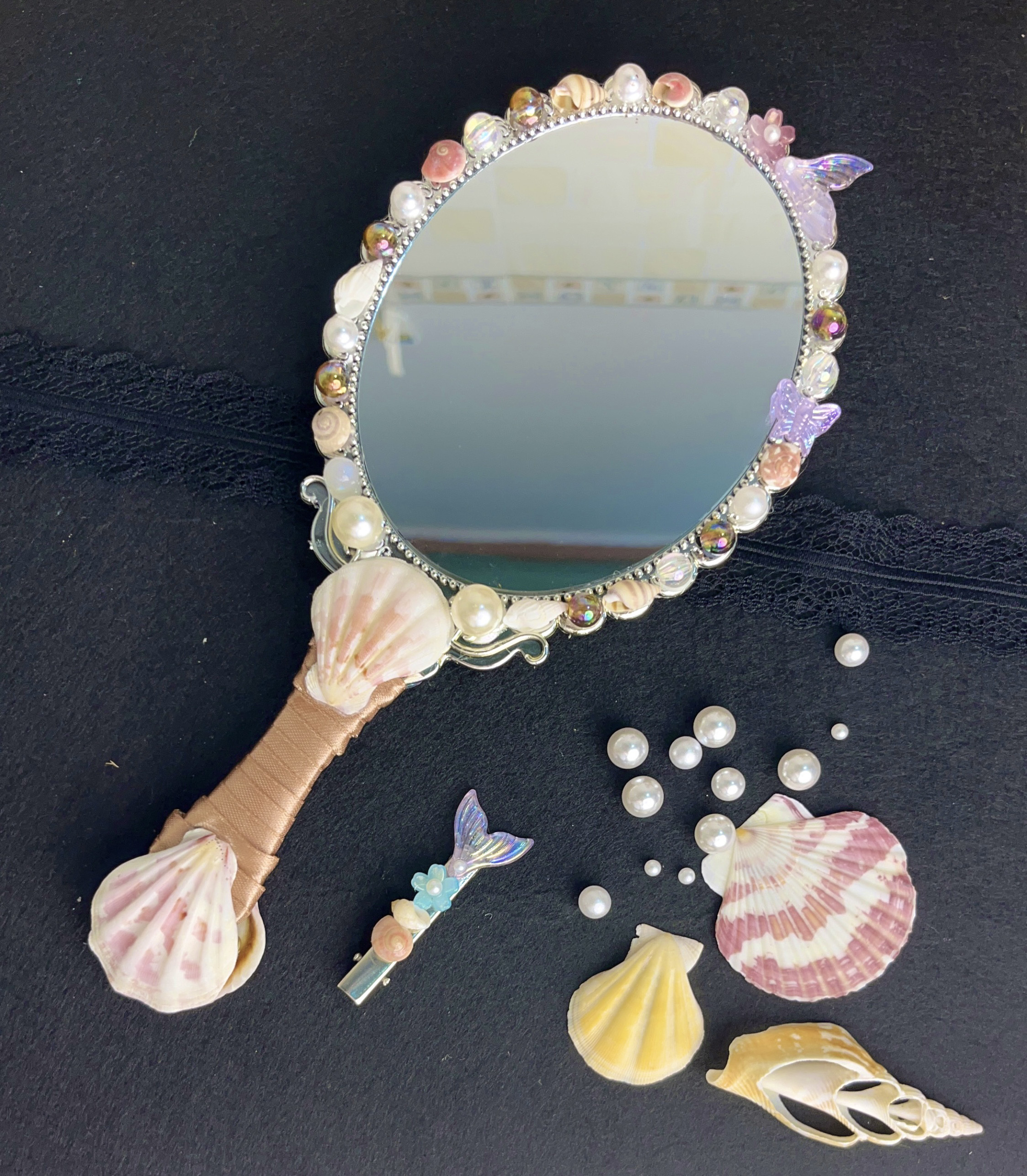 ハンドメイドミラー、コンパクトミラー、アースブレス・ミラー)貝殻の