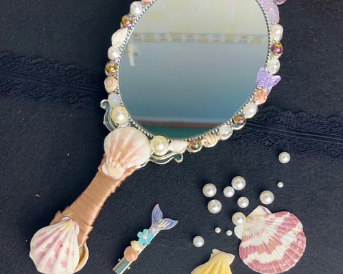 ハンドメイドミラー、コンパクトミラー、アースブレス・ミラー)貝殻の