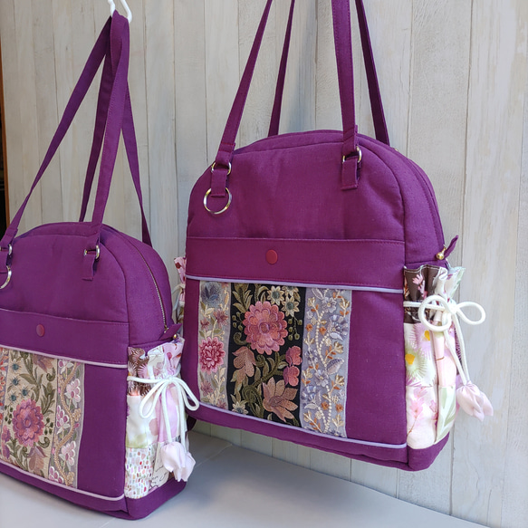 ★パッチワークとインド刺繍リボンのバッグ（ラズベリーパープル）★使い方は4通り【Creema限定】 3枚目の画像