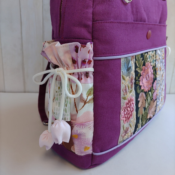 ★パッチワークとインド刺繍リボンのバッグ（ラズベリーパープル）★使い方は4通り【Creema限定】 7枚目の画像