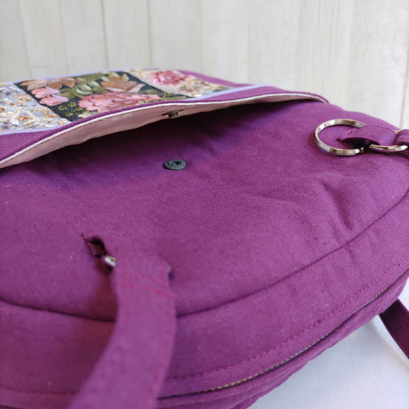★パッチワークとインド刺繍リボンのバッグ（ラズベリーパープル）★使い方は4通り【Creema限定】 10枚目の画像