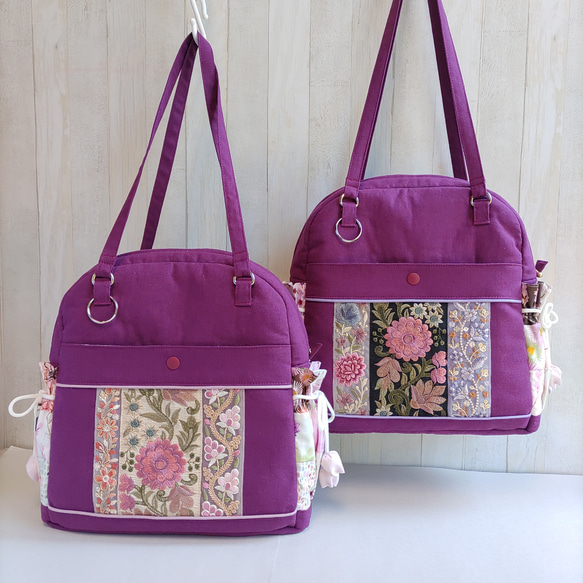 ★パッチワークとインド刺繍リボンのバッグ（ラズベリーパープル）★使い方は4通り【Creema限定】 1枚目の画像