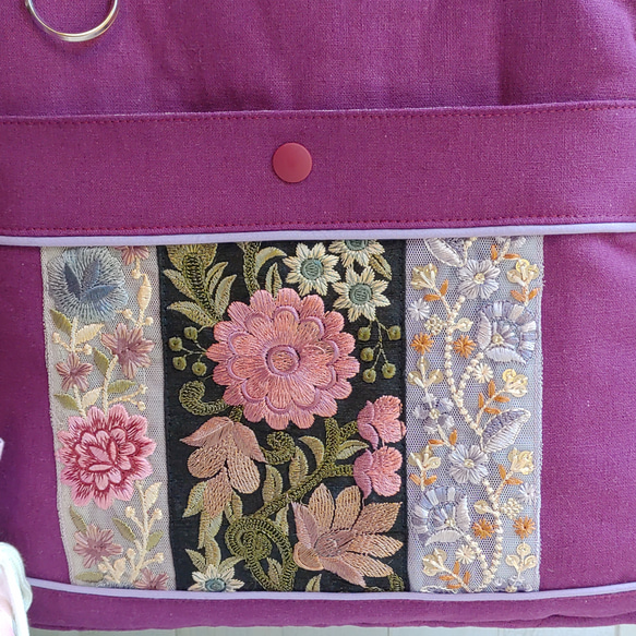 ★パッチワークとインド刺繍リボンのバッグ（ラズベリーパープル）★使い方は4通り【Creema限定】 6枚目の画像