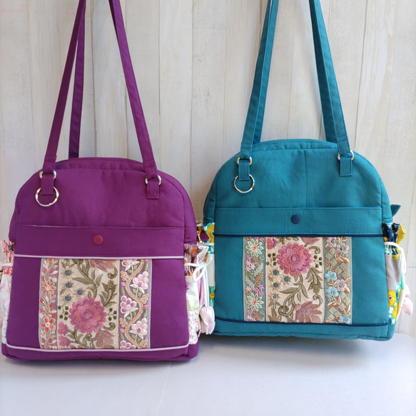 ★パッチワークとインド刺繍リボンのバッグ（ラズベリーパープル）★使い方は4通り【Creema限定】 17枚目の画像