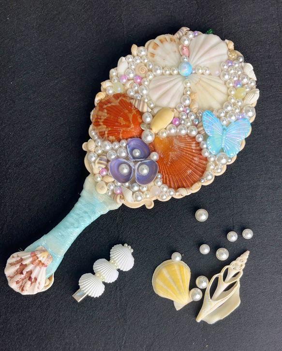 貝殻装飾のハンドミラー3点セット 貝殻装飾のハンドミラー セット