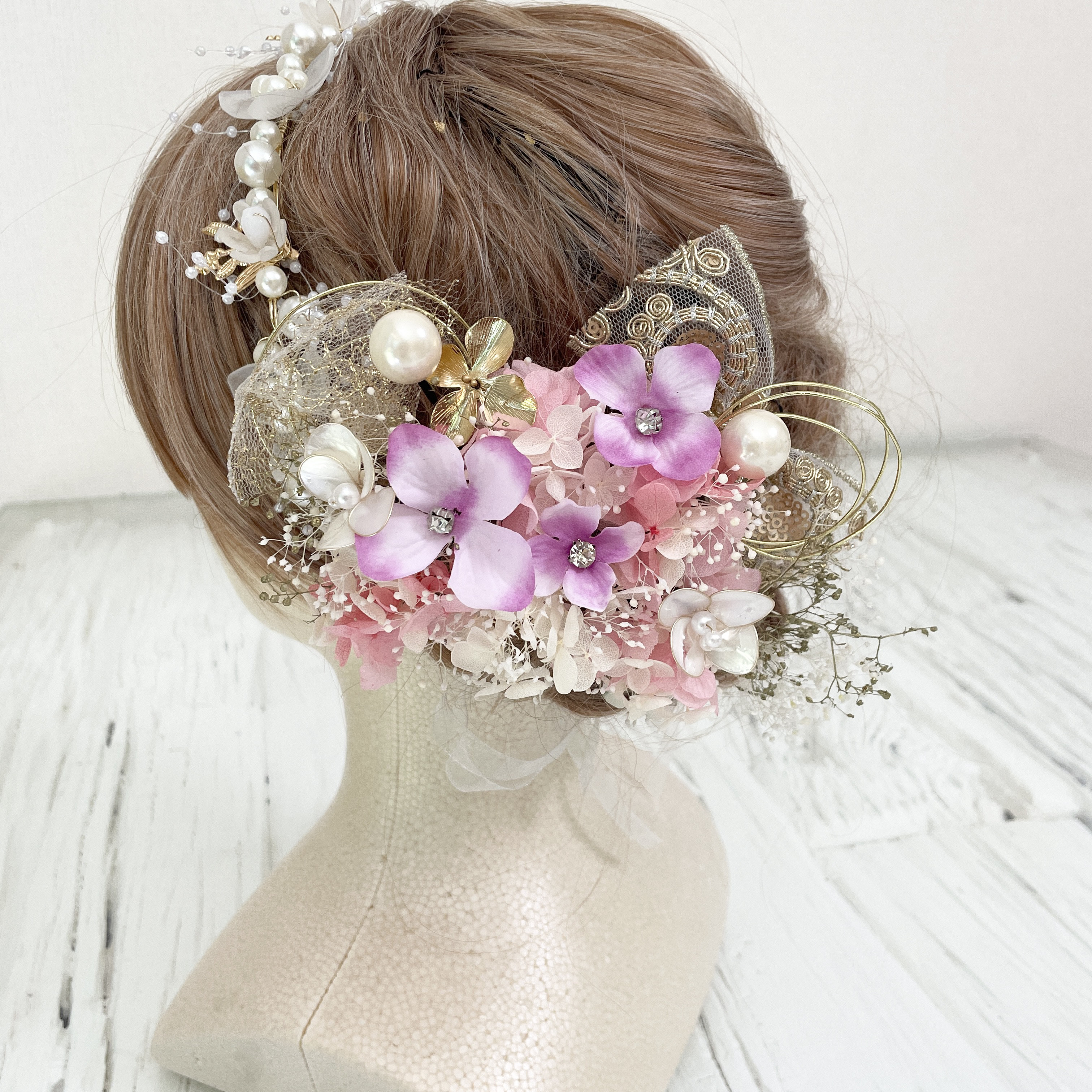 和装髪飾り　ヘッドドレス　水引×金箔×カチューシャ　ピンク　パープル