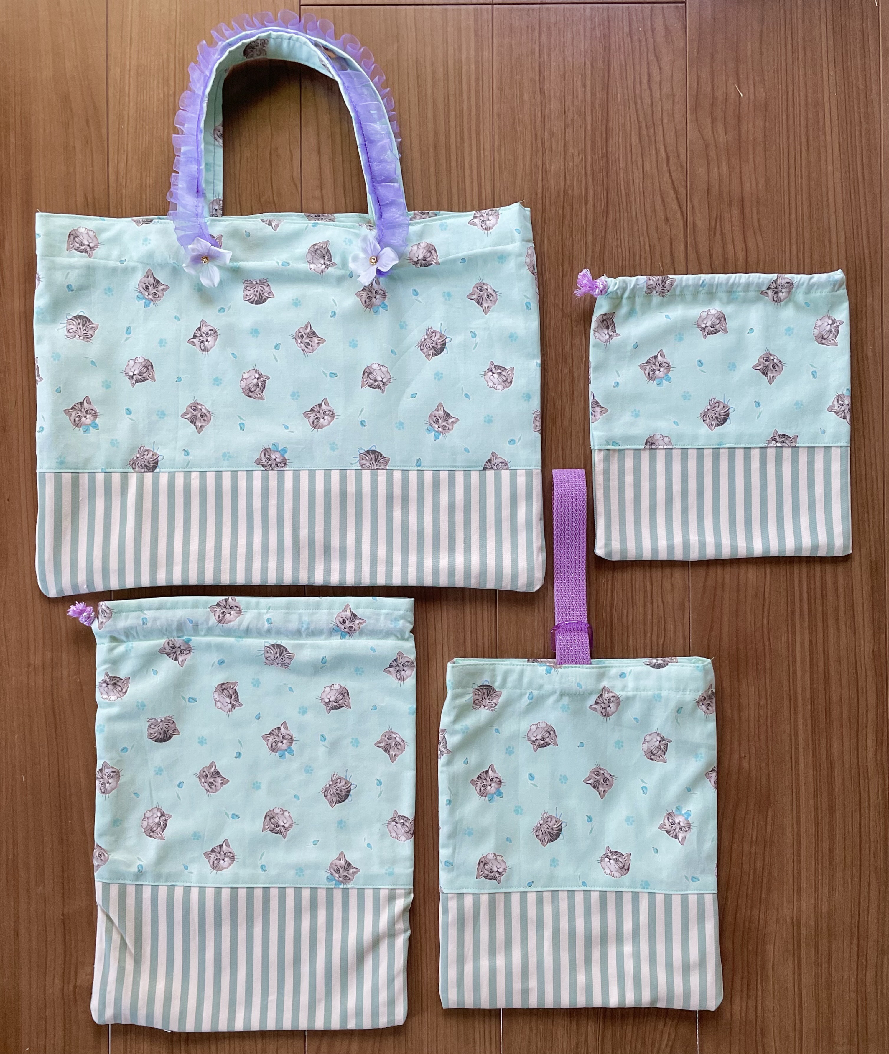 入園入学４点セット⭐️グリーン猫ちゃんwithフラワー⭐️