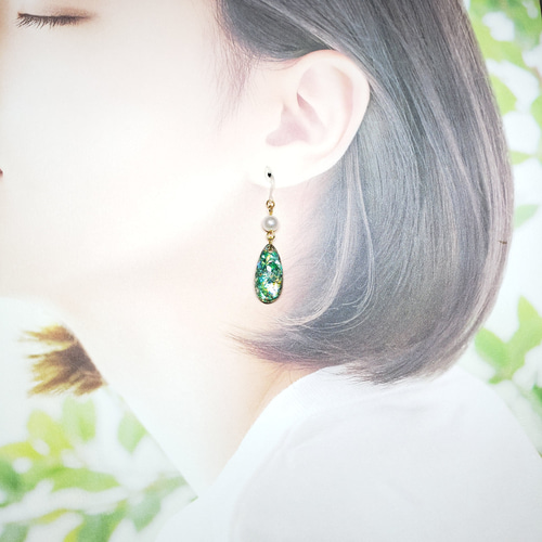 No.610-A シマエナガ☆お花☆パール☆レジンピアス・イヤリング(丸型