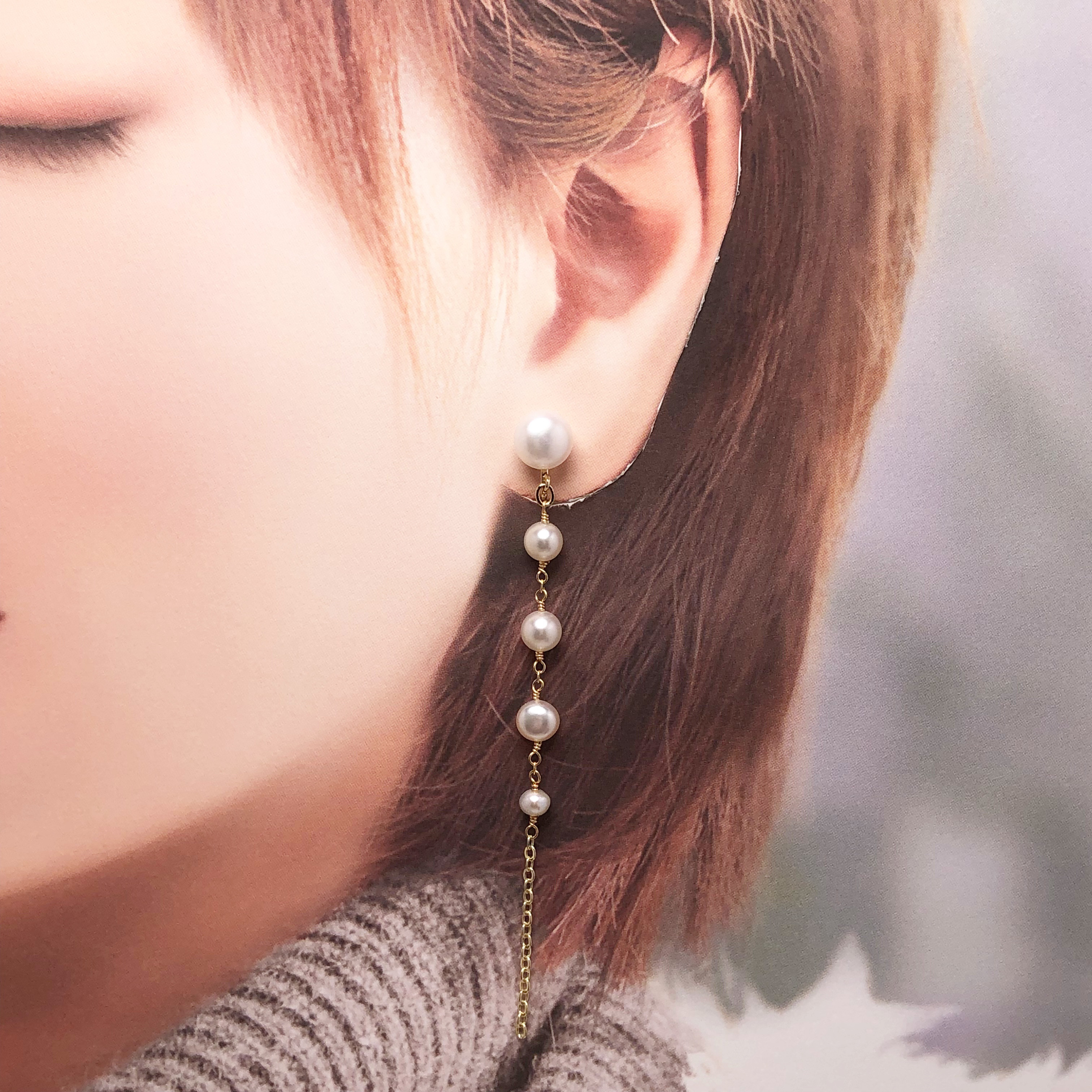 《  痛み軽減ソフトイヤリング》5連パールイヤリング