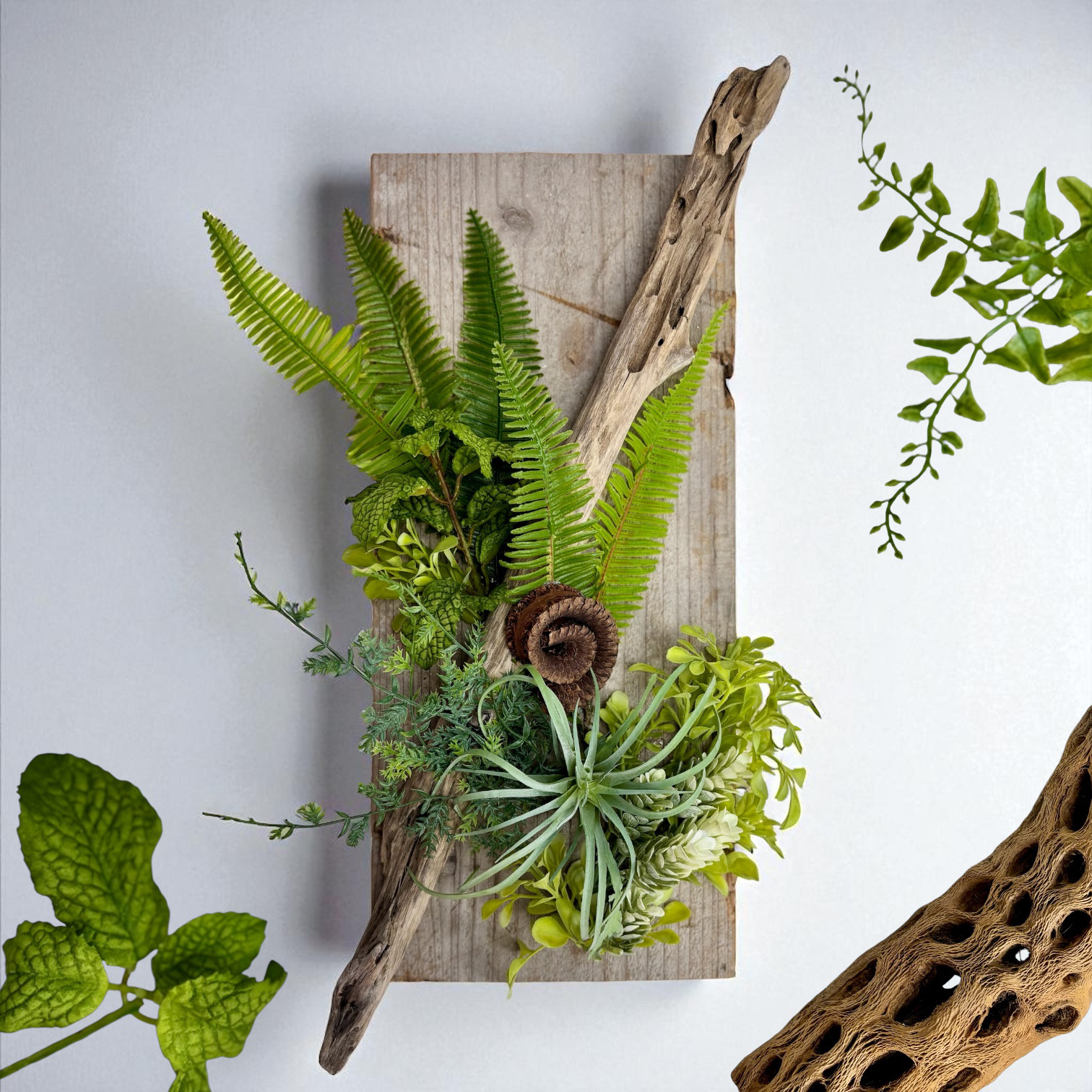 流木×足場板ウォールグリーン　ウォールアート　フェイクグリーン壁掛け　インテリア　チランジア　タルホーン
