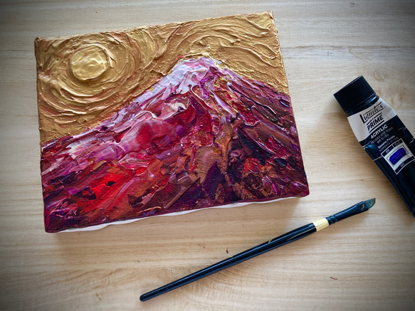 *一点モノ再販ナシ【富士山】赤富士 小さめ絵画 ゴールド 風水 ギフト インテリア ヒーリングアート 玄関 リビング 2枚目の画像