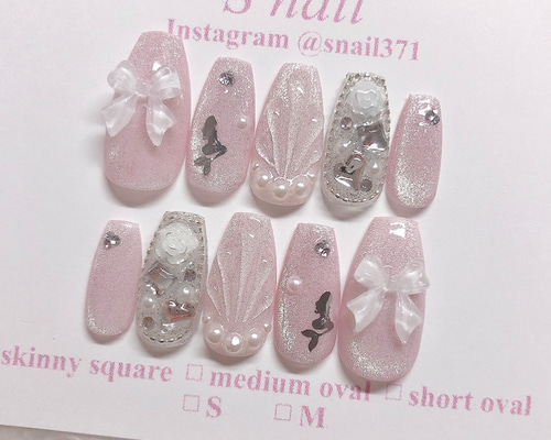 ネイルチップ　No.73 うるうるネイル　リボンネイル　マグネット　ガーリー ネイルチップ フレンチガーリーネイル マグネットネイル リボン