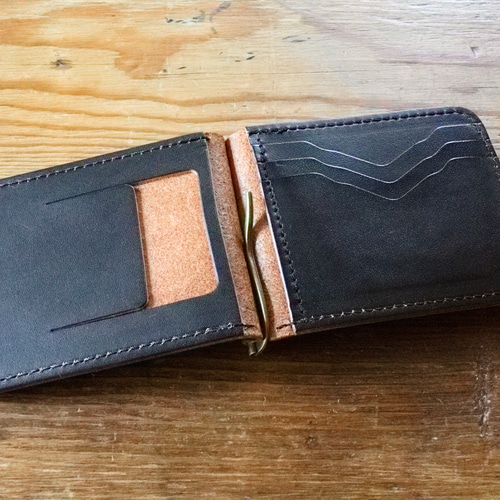 マネークリップ（コインケースなし）【栃木レザー】 ブラック（茶芯